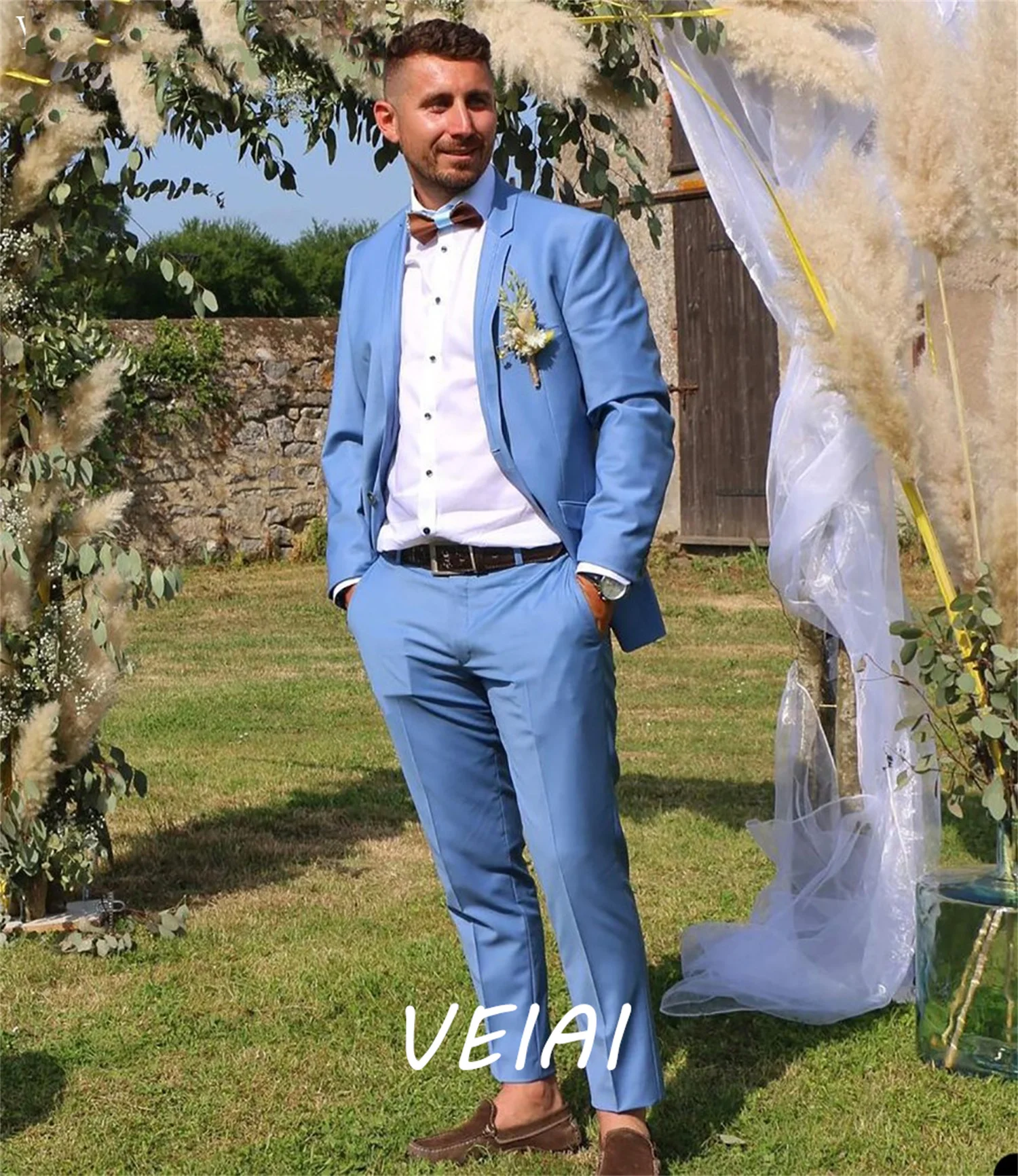 

Светло-голубые свадебные костюмы по индивидуальному заказу для мужчин, 2023, однобортный костюм с зубчатыми лацканами Homme Mariage, комплекты блейзеров, смокинги для жениха Ja