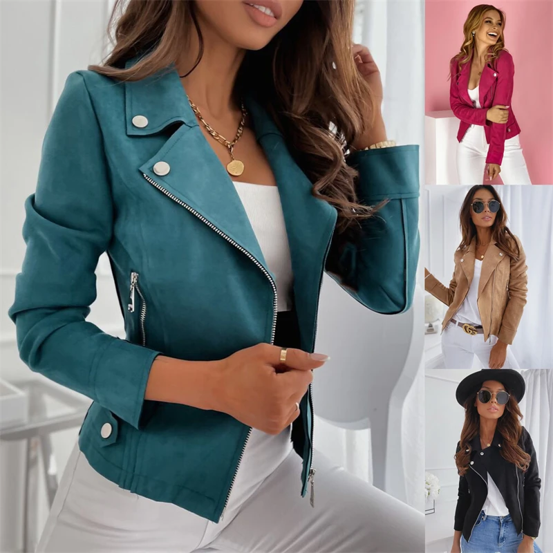 

Autumn Winter Long Sleeve Cowboy Zipper Button Decorated Denim Coat Vintage Brown Color Slim Boyfriend Style Suede Jacket Coat