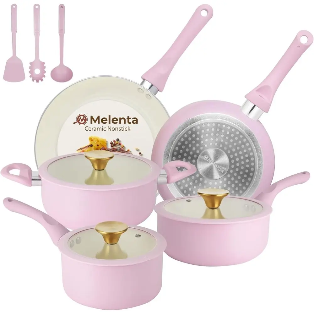 

11-Piece Non Stick Pink Ceramic Cookware Set, Induction Compatible, Non Toxic, Gold Knobs Lids, Stay-Cool Handles