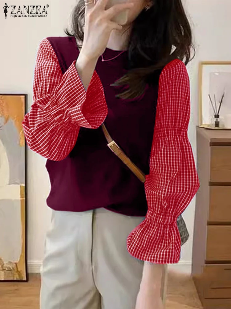 Zanzea-女性用パフ長袖メッシュスウェットシャツ、チェック柄ステッチプルオーバー、ルーズラウンドネックジャンパー、カジュアルパーカー、秋のファッション、2024