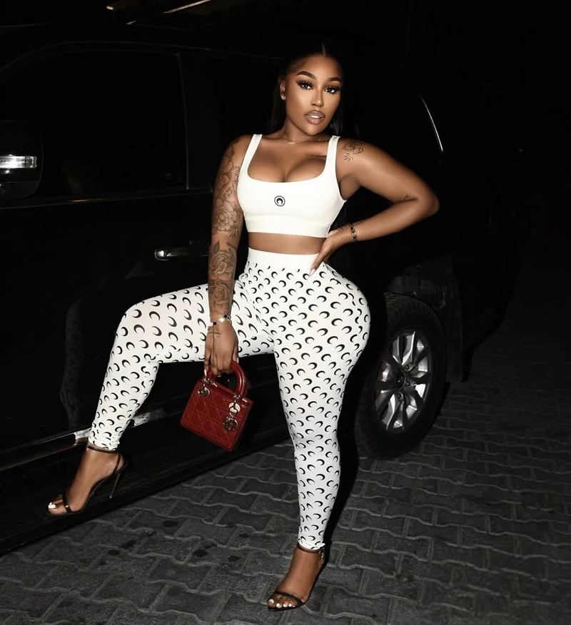 STYLISH LADY Moon Printed Sports 2 Piece Set Women Sleeveless Crop Top and Skinny Pant Suits 2025 Summer Street Fitness Outfits - Image 3