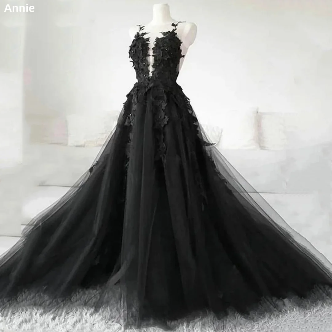 Black Prom Dresses Luxury Tulle Evening Dress Embroidered Gothic Wedding Dress Custom Robe Party Dress 2024 Vestidos De Noche