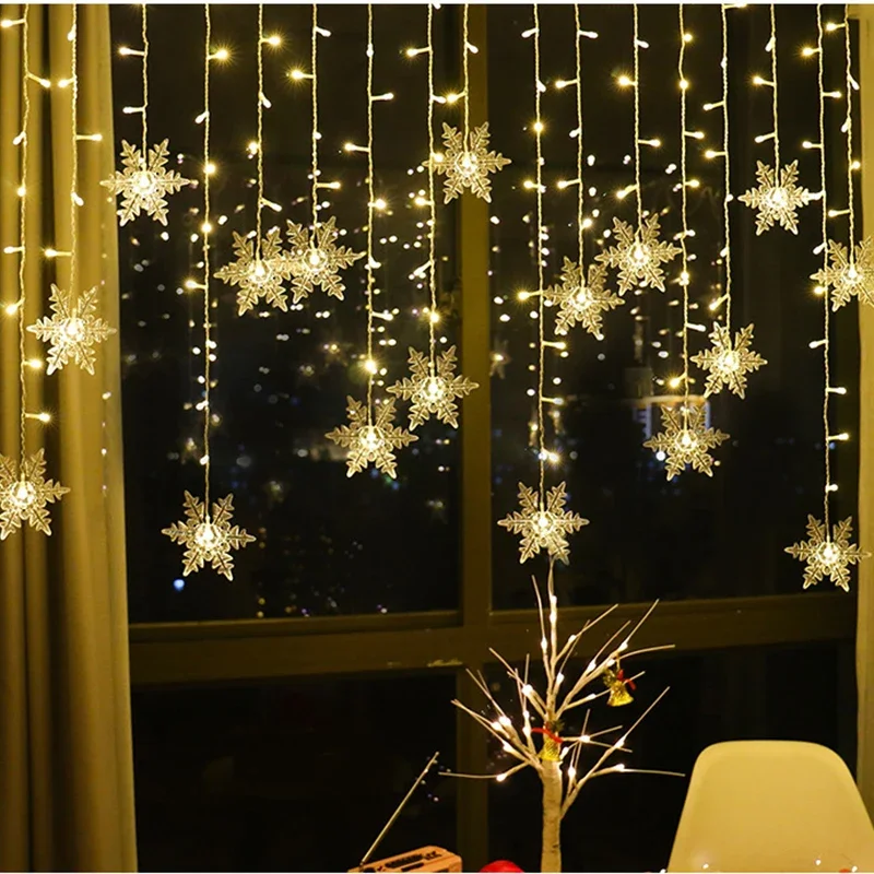 Christmas Decorations 2024 Snowflake Window Curtain Garlands Led Icicle Fairy Lights Flashing 8 Modes EU-Plug New Year 2024