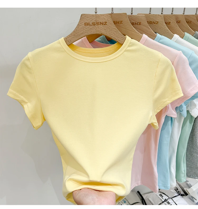 Zjaiss 2026 Sommer Neues Design Slim Fit Basic Top Trendiges Damen Baumwoll-Kurzarm-T-Shirt Einfarbig Vielseitiges O-Neck Tee – Detail 27