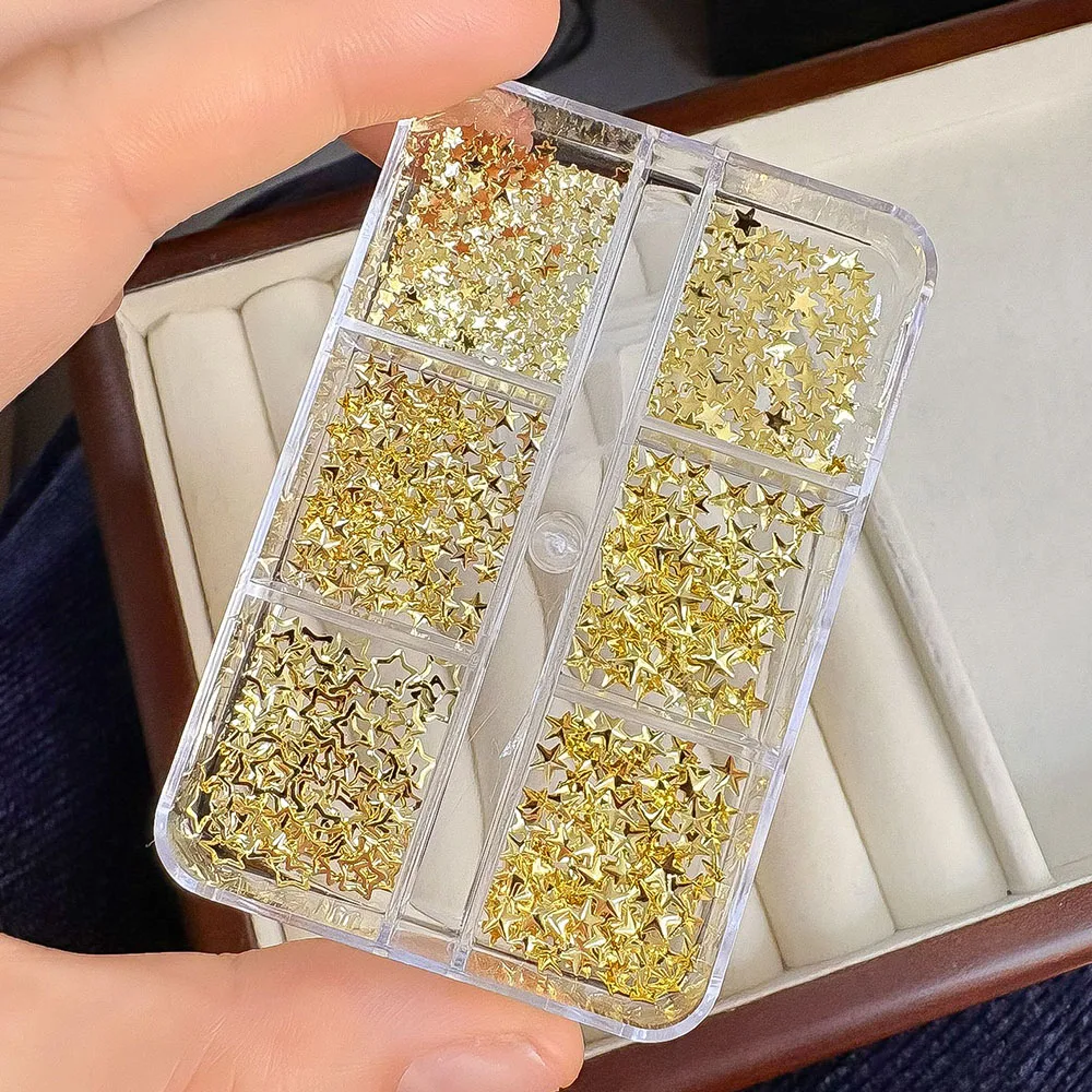 6Gird Boxed 3D Legierung Pentagramme Nagel Nieten Ohrstecker Gold Silber Metall Stern Schmuck Nagel Charms Metallic Juwelen Maniküre Zubehör