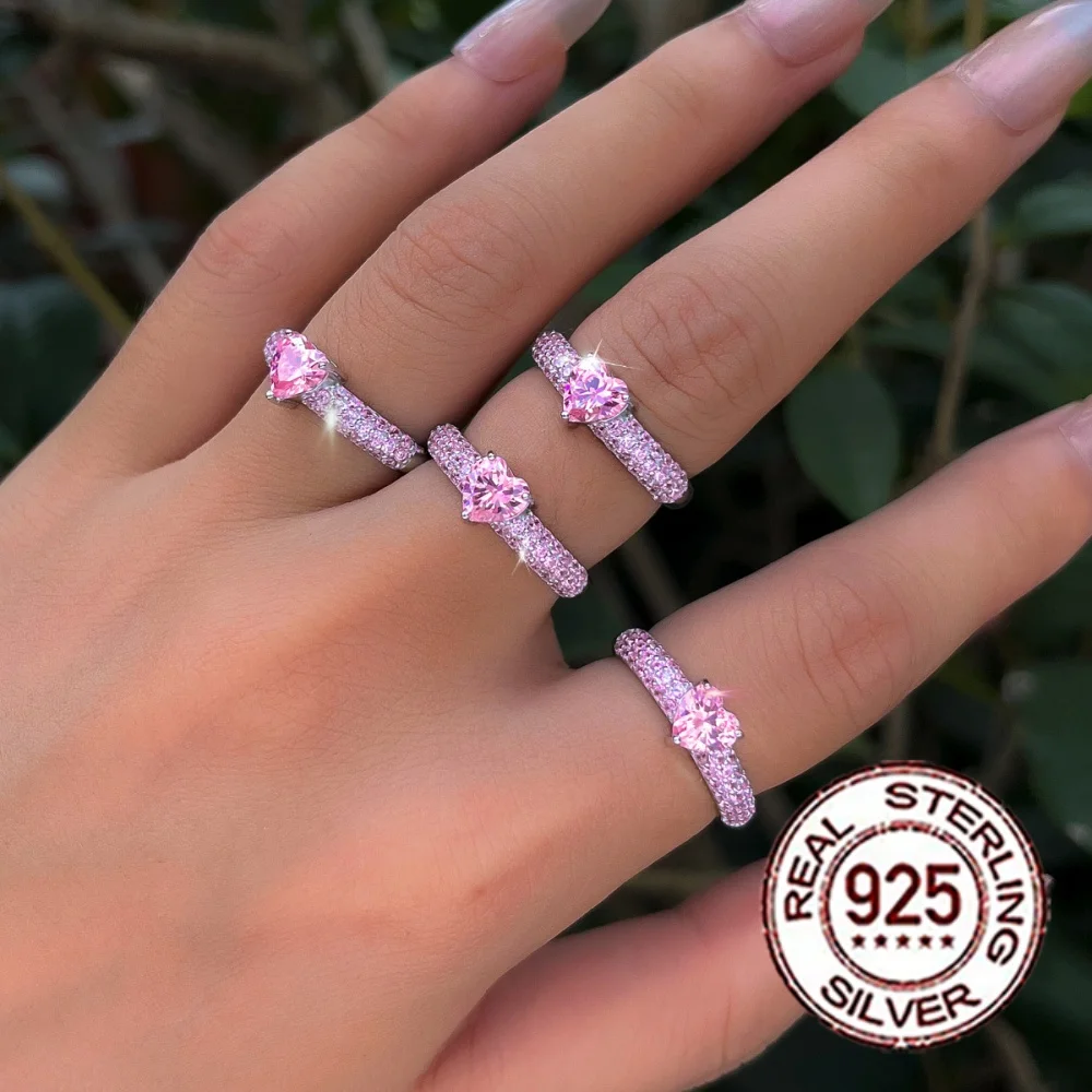 S925 Silberner Herzförmiger Rosa CZ Damen-Versprechensring mit Mikro-Pavé Eternity-Band für Verliebte, Romantischer Schmuck als Geschenk SR109 – Detail 3