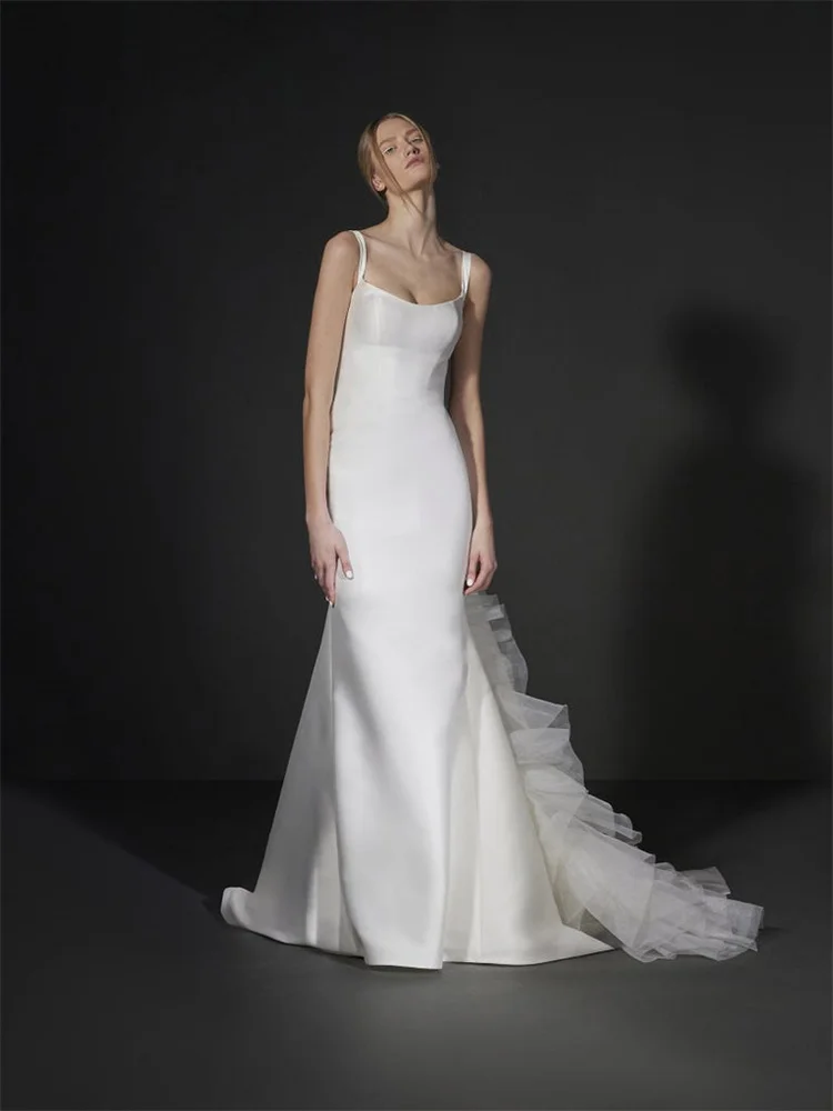 Robe de Mariée Sirène en Satin à Bretelles Fines, avec Fermeture Éclair au Dos, Longueur au Sol, en Tulle, avec Traîne de Balayage, pour Mariée