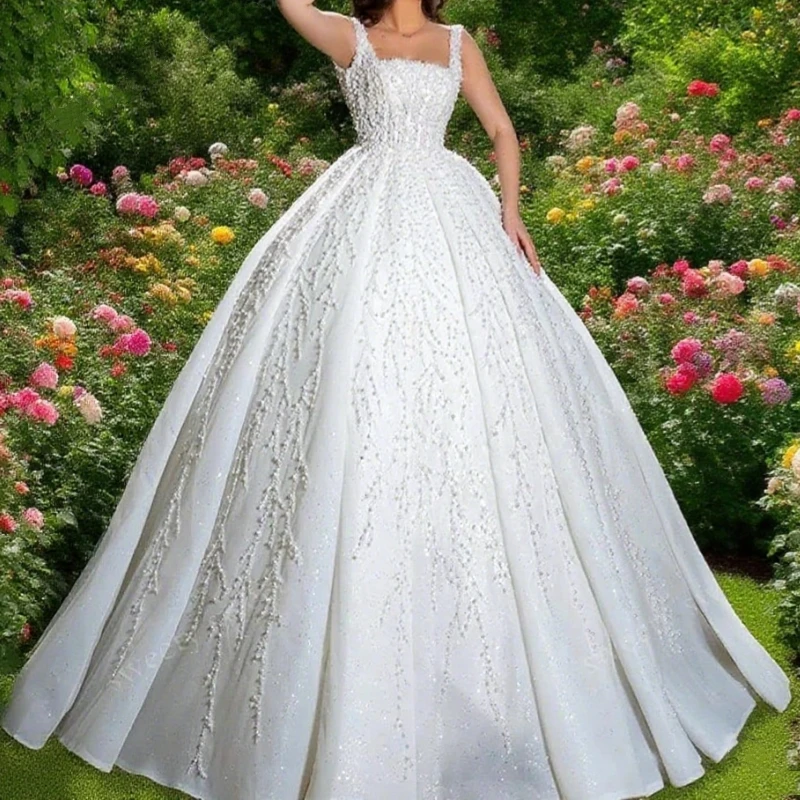 

Glitter Wedding Dress Organza With Beading Princess Ball Gown Sleeveless Square Collar Bride Dress Vestido De Novia Customized