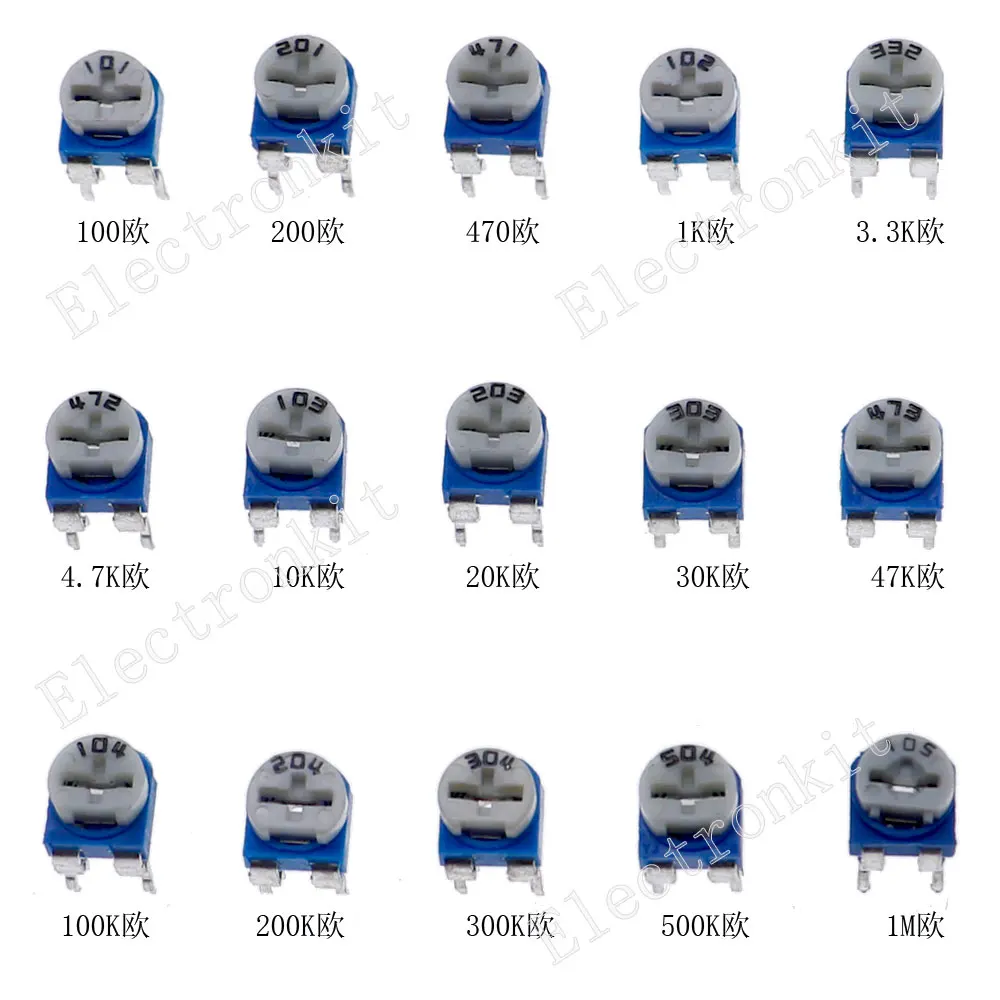 150pcs 15Value Trimming Potentiometer Adjustment RM065 Variable Resistors Kit 100 470 1K 3.3K 4.7K 10K 30K 47K 100K 200K 500K 1M