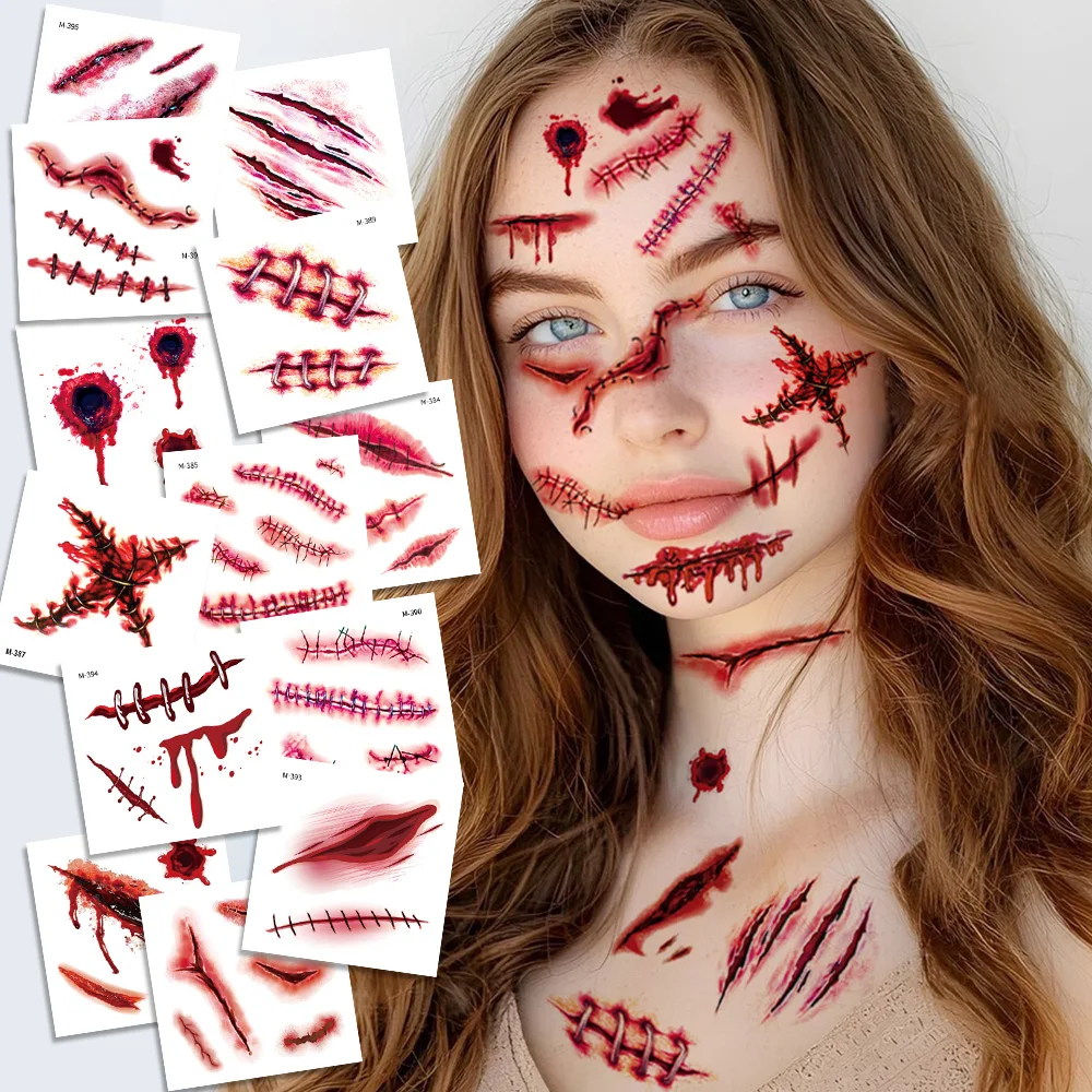 20 Sheets Halloween Temporary Tattoos, Bloody Scars Wound Stitch Scabs Scary Horror Fake Tattoos, Halloween Party Favors Decor