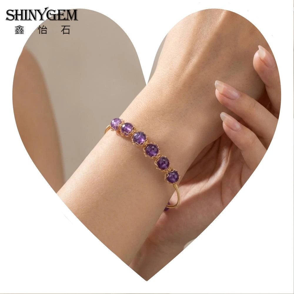 SHINYGEM Natural Amethyst Bracelet 14k Copper Gold Plated Hand Wound Adjustable Heal February 14 Gift News Accessories Luxury
