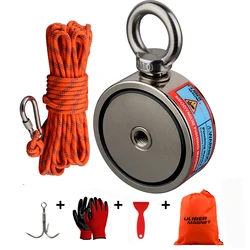 Kit de pesca con imán de doble cara, cuerda de imanes de neodimio, garra, guantes, pegamento, bolsa de pala de plástico, recuperación magnética, salvamento, 300-500KG