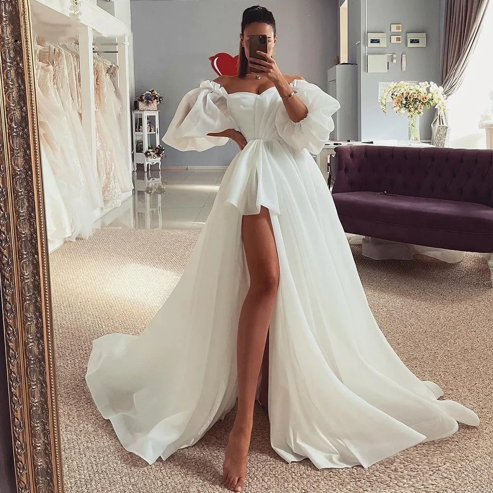

2025 Modern Fashion Off Shoulder Lantern Sleeves White Wedding Dress Sexy High Slit A-line Romantic Wedding Dress Customization