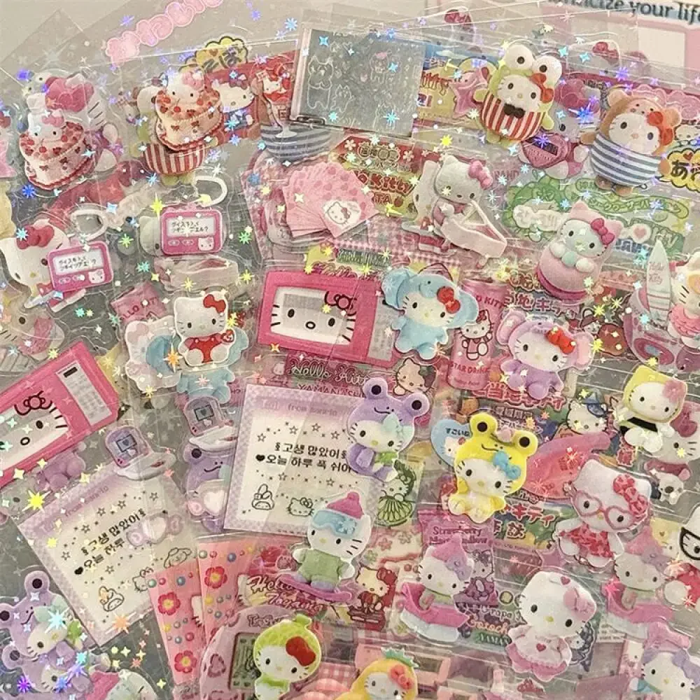 5pcs Hello Kitty Rilakkuma Cute Cartoon Die-cutting Sticker Kitty Cat Anime Handbooks Material Stickers Flashing Laser Stickers