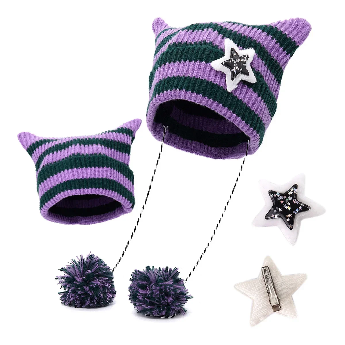 Y2K Japan Designer Handmade Pentagram Wool Beanie Hat Ladies Autumn Spring Warm Cat Ear Knit Stripe Beanie Cap with Pompom