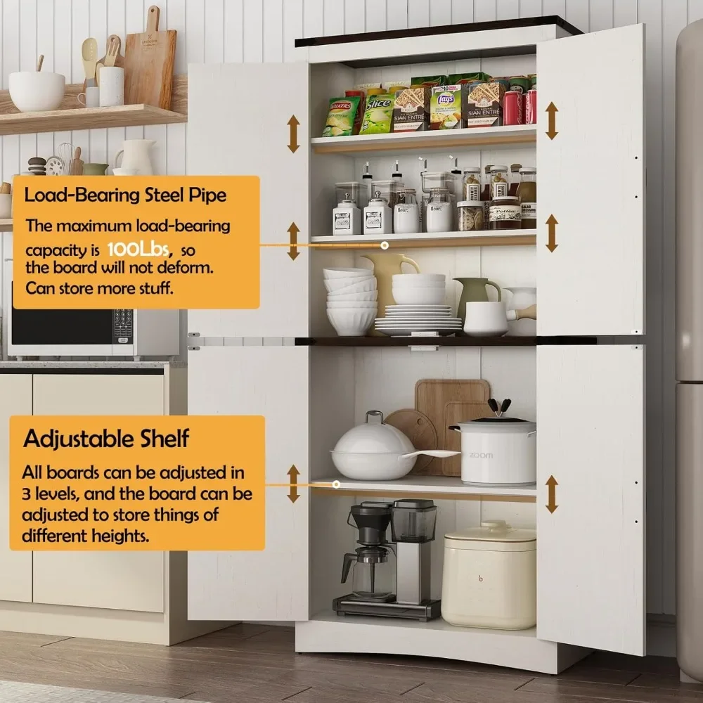 

71in Farmhouse Kitchen Pantry Cabinet,Tall Storage Cabinet with 4 Doors and Adjustable shelves,with Load-Bearing Steel Pipe,Wood