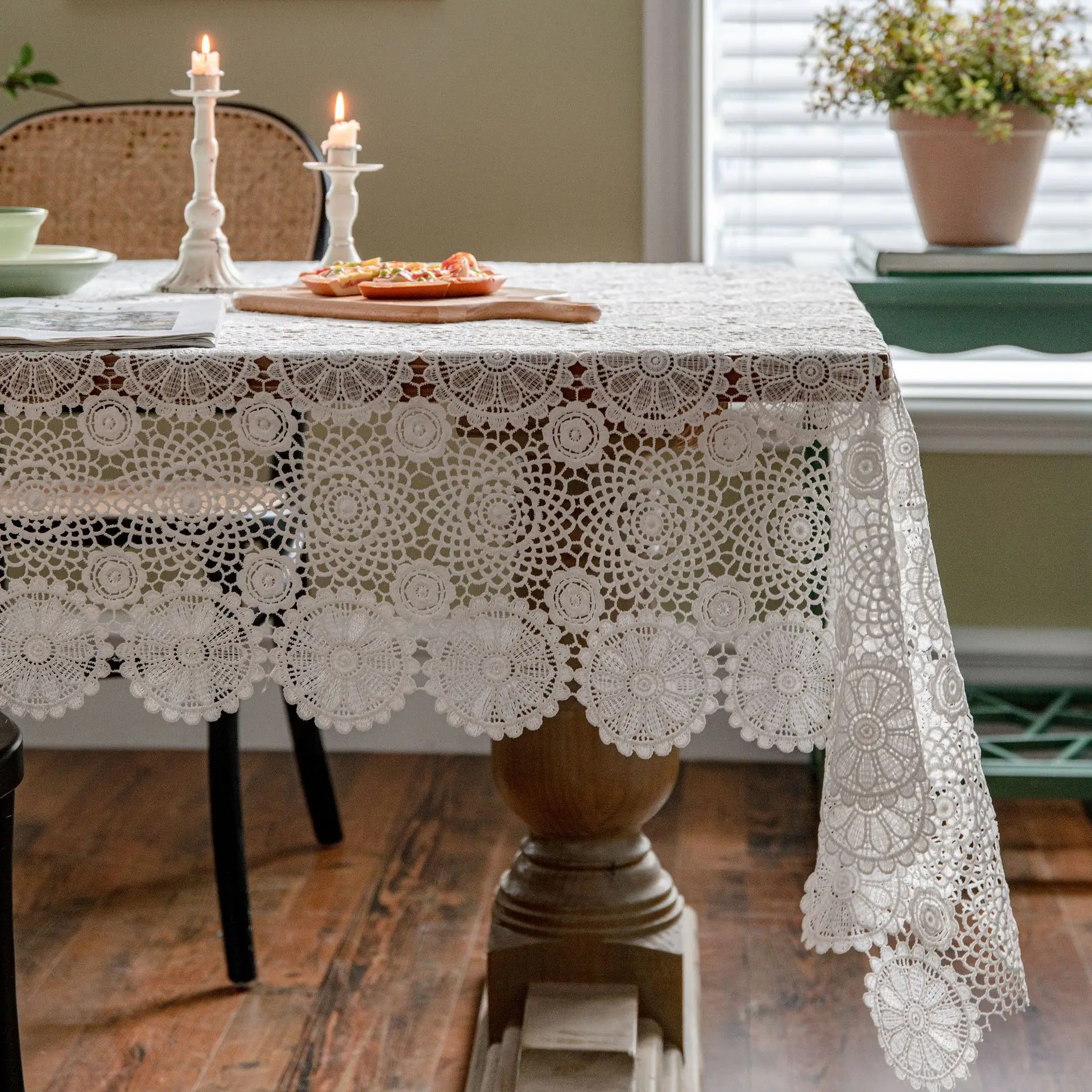 

Rustic Wedding White Lace Tablecloth Vintage Water Soluble Hollow Embroidered Table Cloth Cover for Reception Baby Shower Party