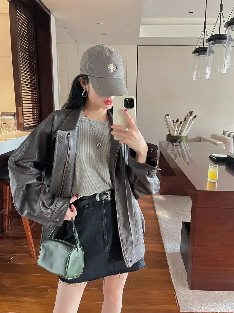 Vintage brown PU skin Women\'s leather clothing 2024 Early autumn New handsome locomotive style loose lapel short Jacket