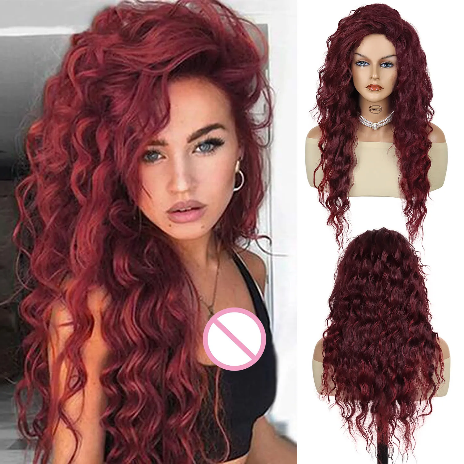 GNIMEGIL Synthetic Wigs for Women Red Long Curly Wig with Thick Top Free Part Hairline Water Wave Wigs Curls Units Halloween Wig