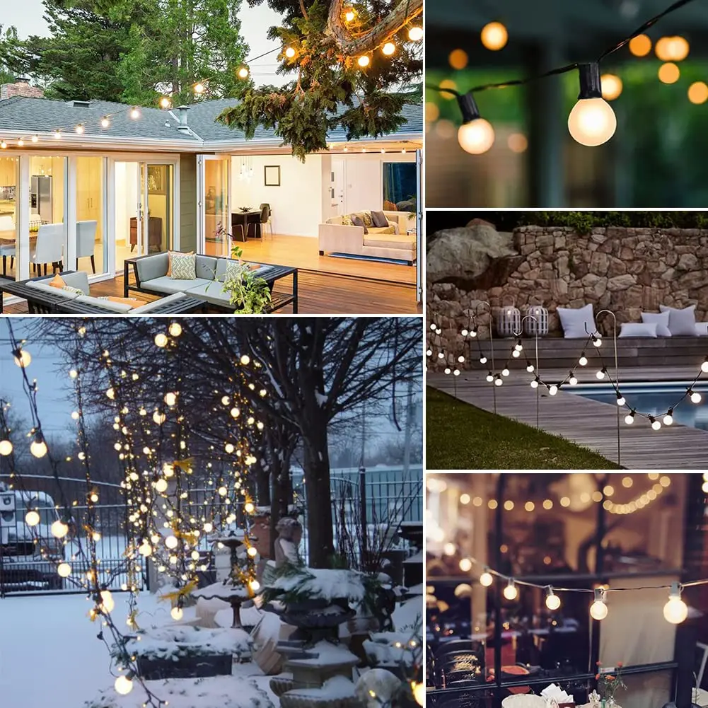 Frosted White G40 Outdoor String Lights E12 Socket 25FT 65FT Connectable US EU Plug Dimmable Fairy Light Chain For Wedding Cafe