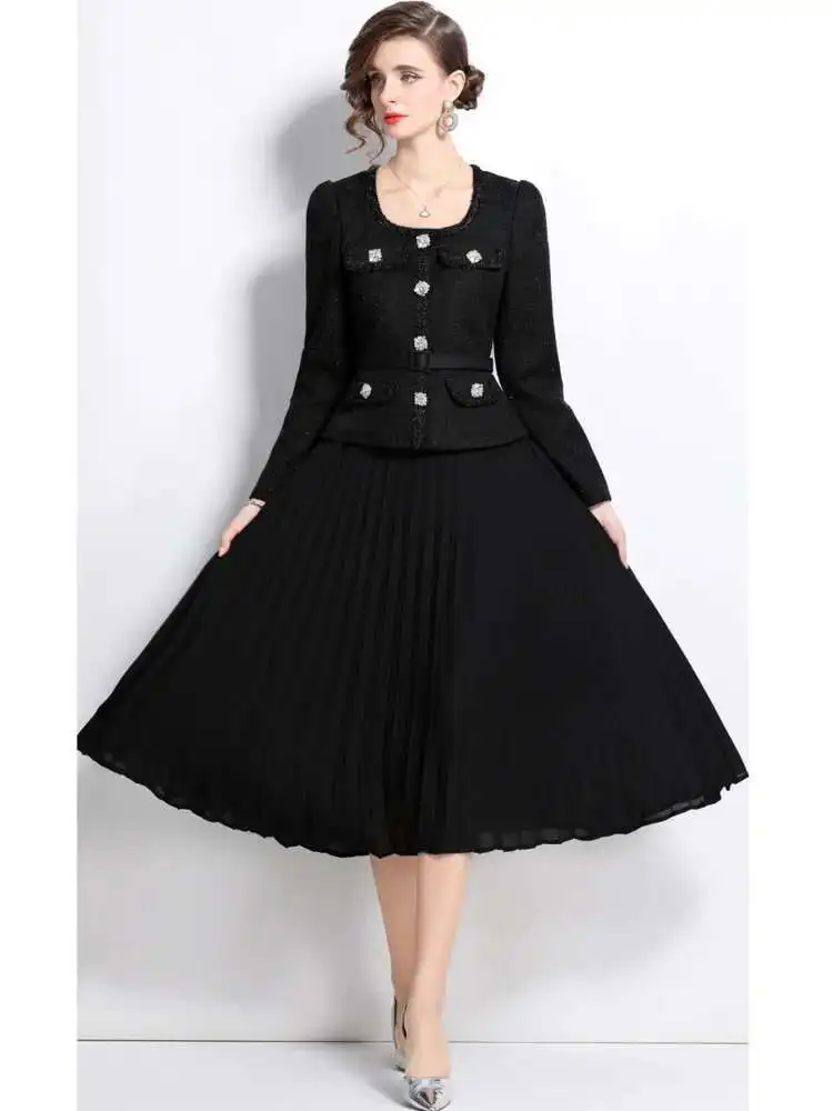 

Quality Autumn Crystal Long Sleeve Chiffon Tweed Midi Dress For Women Beading Diamonds Pleated Party Vestidos Belt Evening Robe