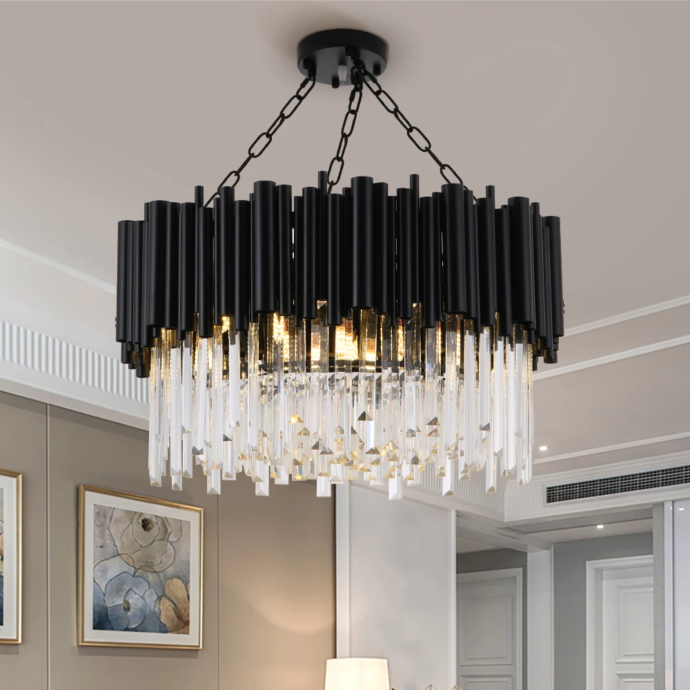 K9 Crystal Postmodern LED Chandelier Black Tube Round Hanging Lamp for Living Dining Room Villa Loft Luxury Home Decor Luminaria