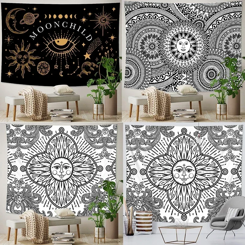 Black and White Sun and Moon Home Art Decoration Psychedelic Scene Tapestry Mandala Bed Sheet Sofa Blanket Can Be Customized