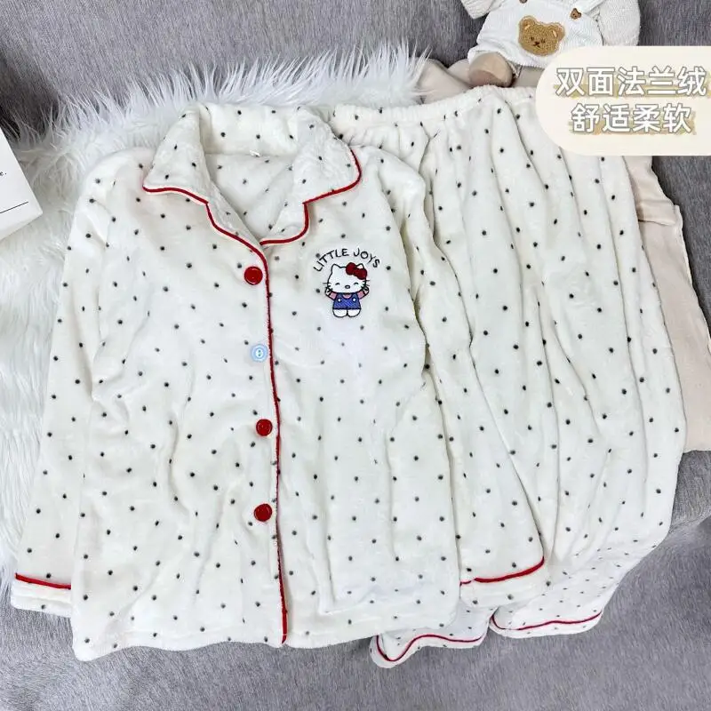 Зимний пижамный комплект с клетчатым принтом «Hello Kitty», новый пижамный костюм с героями мультфильмов, теплый корейский милый плюшевый домашний комплект Y2K, милая одежда для сна