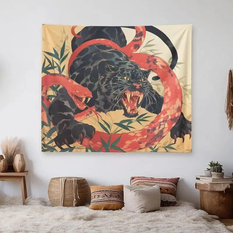 VIKAMA Retro Black Panther Snake Wall Tapestry Backdrop Polyester Aesthetic Wall Hanging Bedroom Dorm Living Room Home Decor