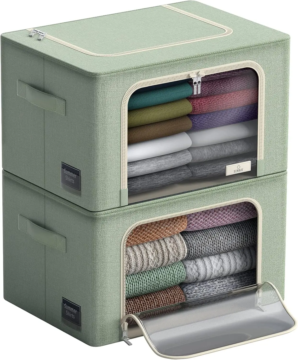 Bins with Metal Frame - Stackable & Foldable Clothes Organizer Bags - Oxford Fabric Storage Containers with Large Clear Window