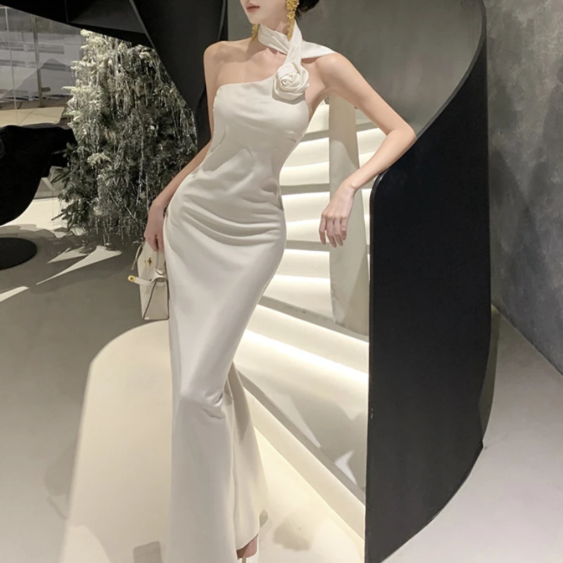 

Womens Dresses Temperament Atmosphere Slanted Shoulder Ribbon Satin Temperament Sexy Party Bareback Dress Female New in Dresses