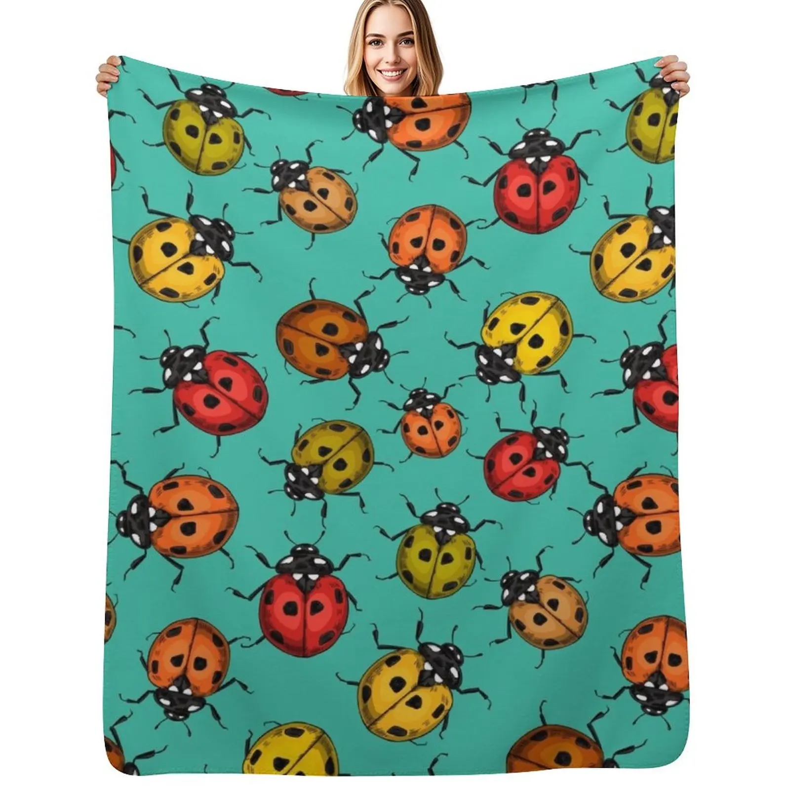 

Colorful ladybugs on turquoise Throw Blanket for winter Softest Vintage Bed covers Blankets