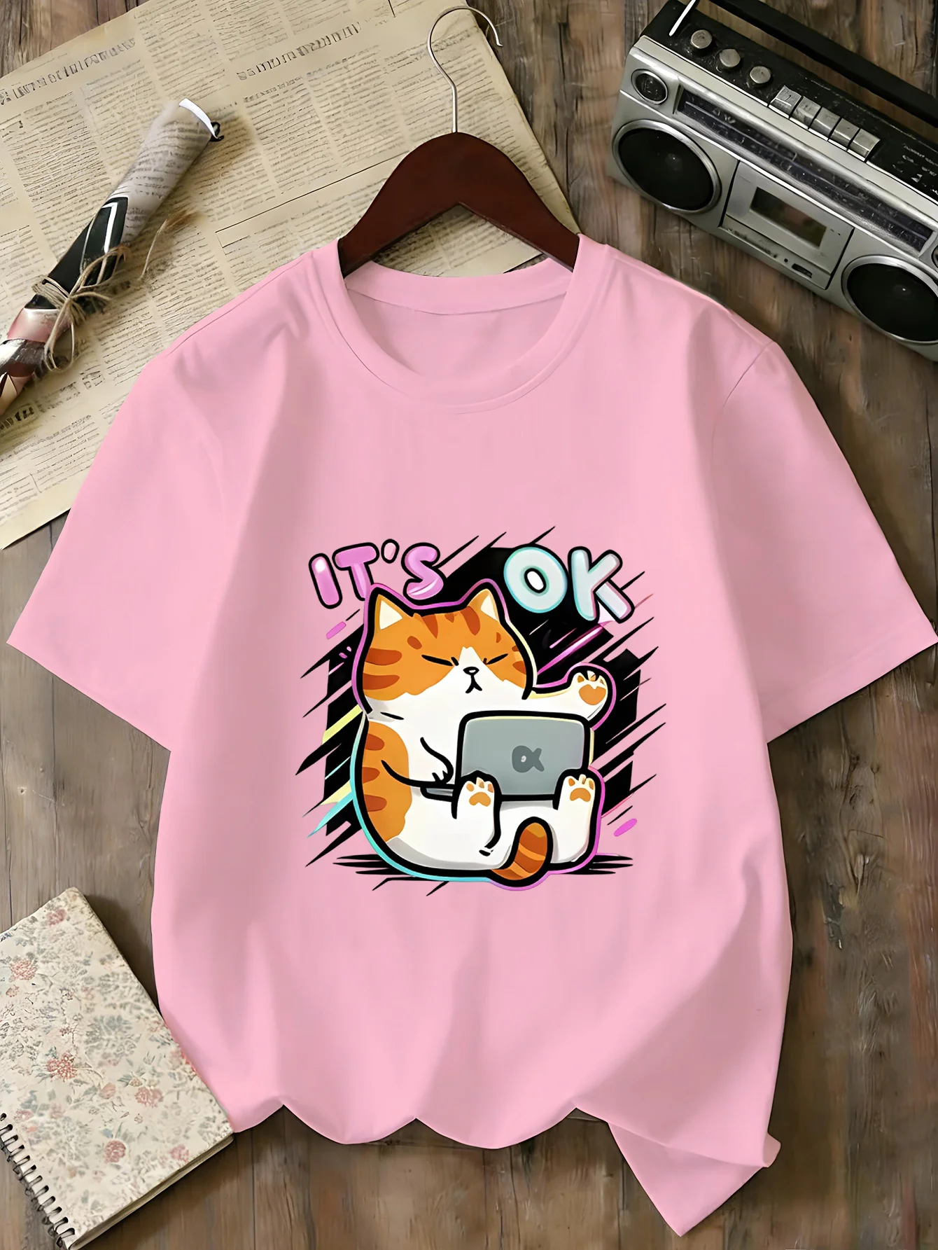 Its Ok Orange Cat Laptop Kids Cartoon Graphic Print Boys Girls Family Matching Cotton Summer Short Sleeve Basic Children Tshirt
