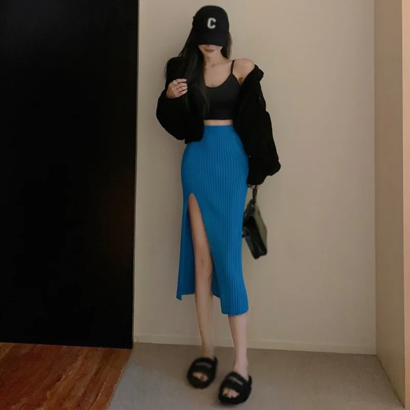

Women's Sexy Split Skirt Slim-Fit Slimming Knitted Elegant Solid Color High Waist Knitted Elastic All-Match Simple Skirts