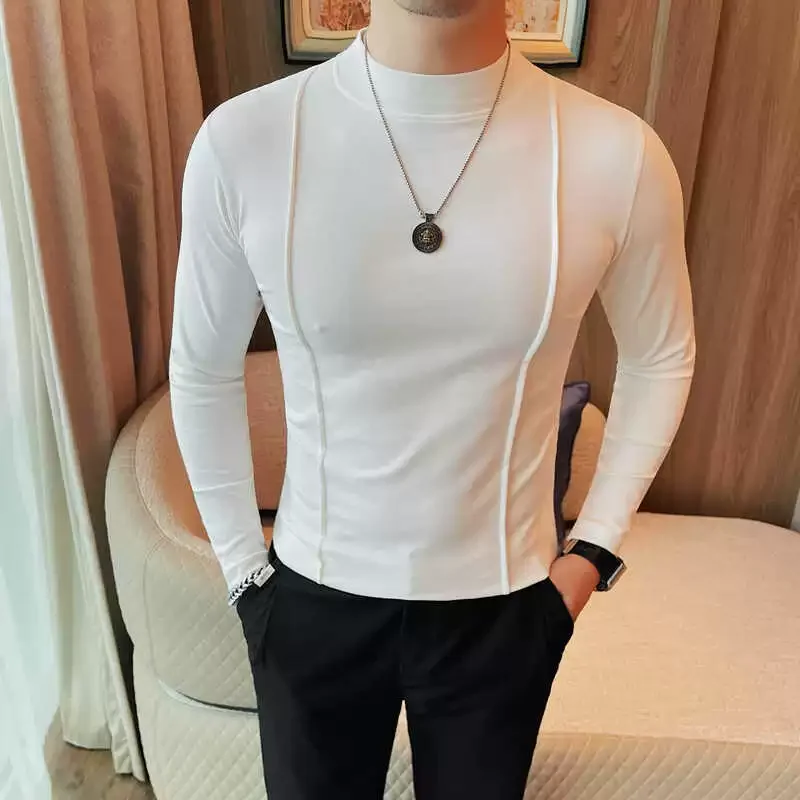 2024 Autumn New Round Neck Solid Color T Shirts Korean Luxury Long Sleeves Men\'s Casual Slim Fit Elastic Cotton Tee Shirts 4XL-M