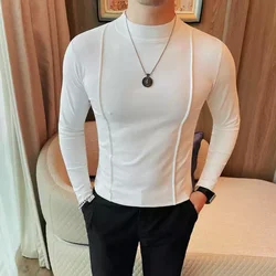 2024 Autumn New Round Neck Solid Color T Shirts Korean Luxury Long Sleeves Men's Casual Slim Fit Elastic Cotton Tee Shirts 4XL-M