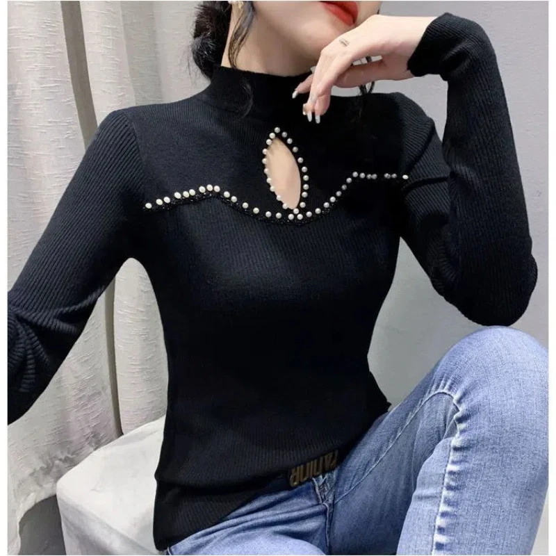 Women\'s Base Shirt Sexy Half High Neck Pearl Knit Sweater Korean Version Hollowed Out Sweater with New Top Underneath