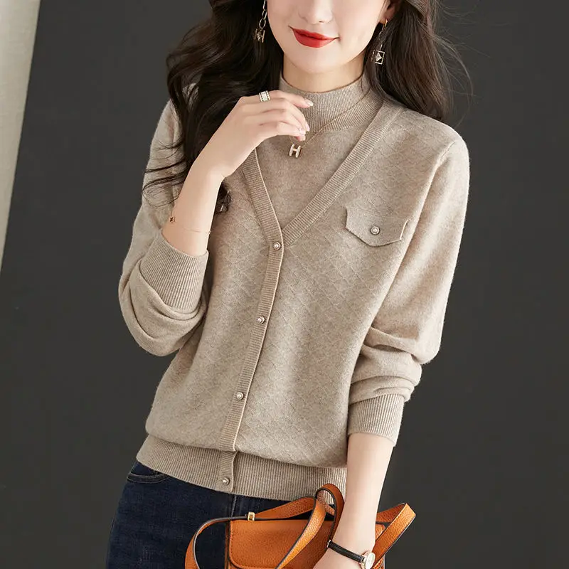 Autumn Winter Fashion Buttons Solid color Half height collar Long sleeve Pullovers Ladies office Lady fake two pieces knitting