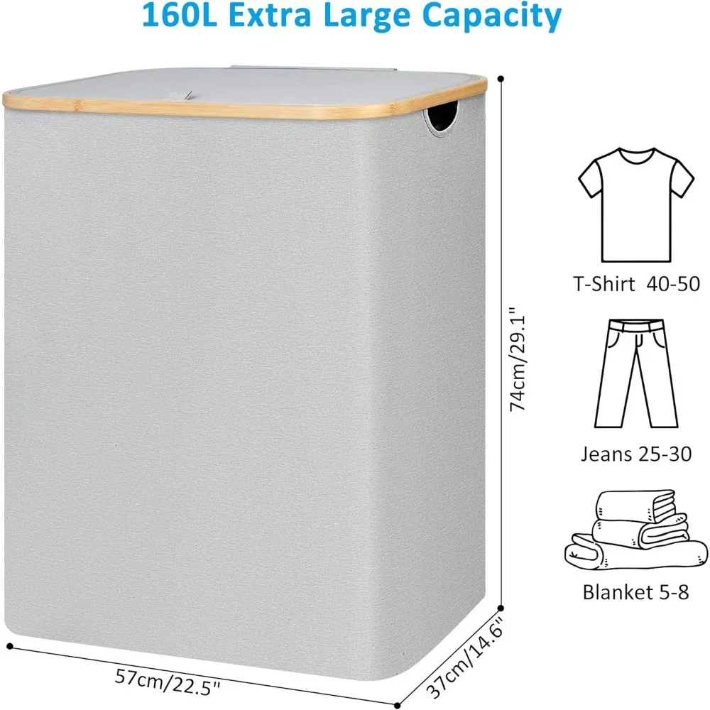 Laundry Basket with Lid, 160L High Laundry Basket, Bamboo Handle, for Clothes and Toys, Foldable Laundry Basket, with 2 Inner