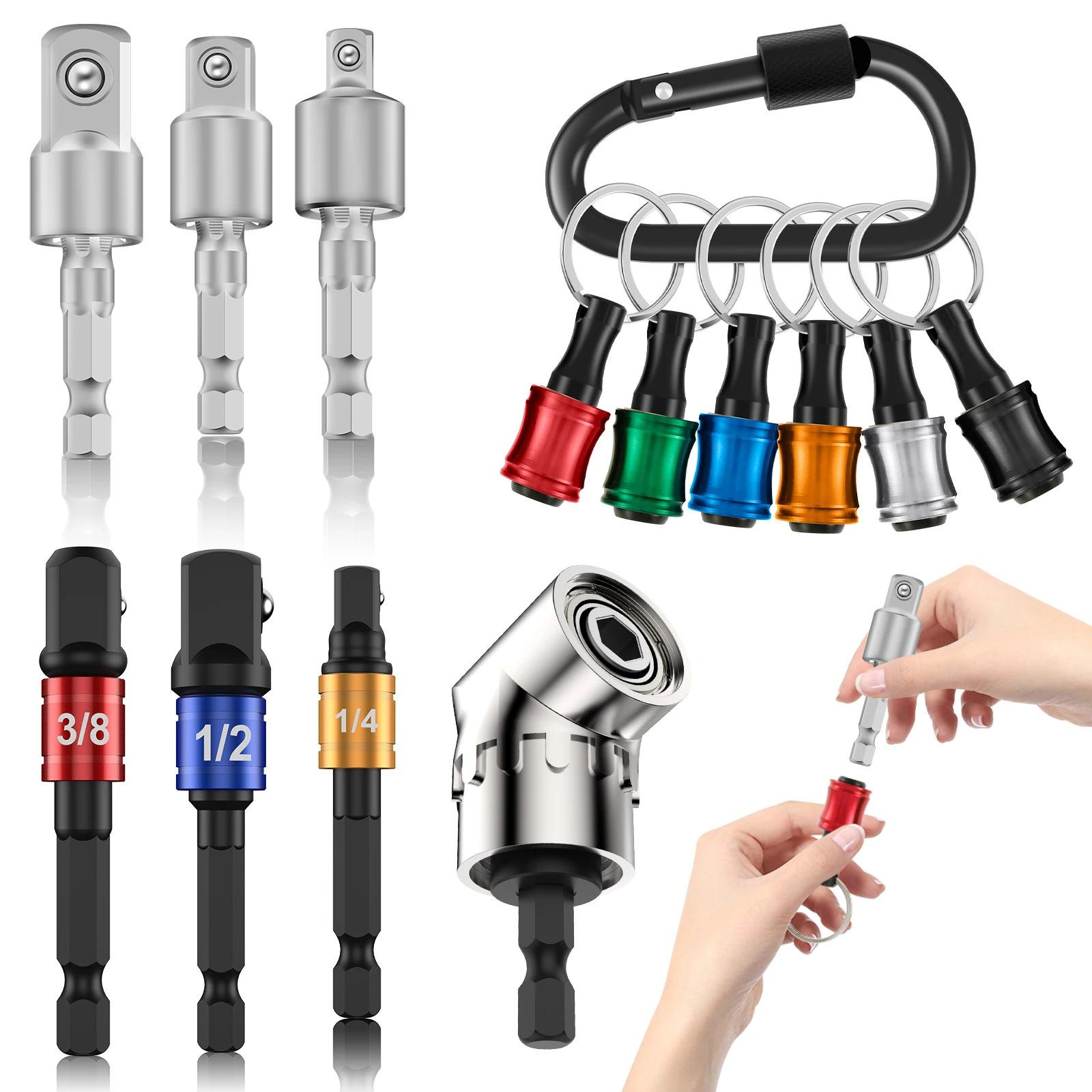 

6Pcs 1/4 Inch Hex Shank Screwdriver Bit Holder Aluminum Alloy Bit Holder Keychain with 1/4inch 3/8inch 1/2inch Drill Socket