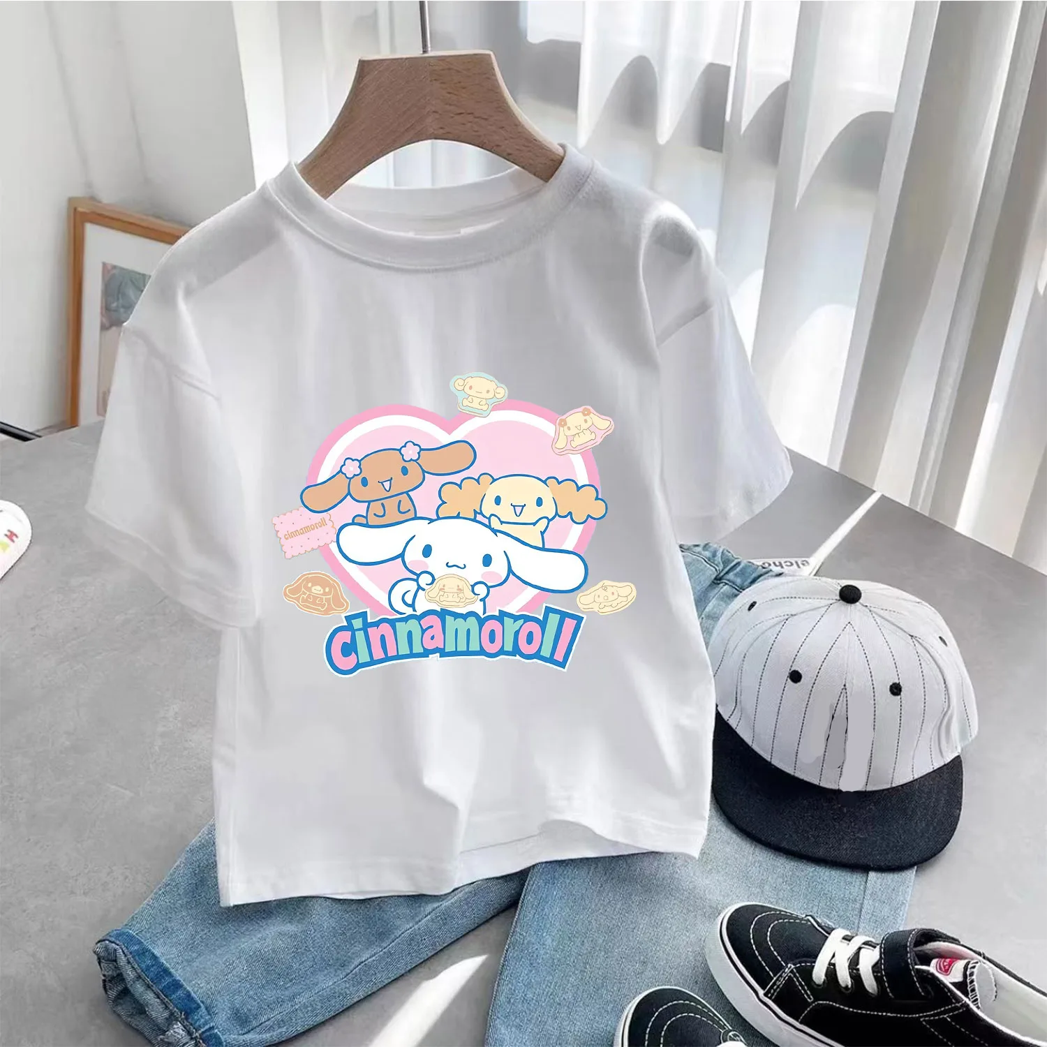 Cinnamoroll T-shirt for Children Cute Sanrio Cartoon Clothes Fashion Anime Print White Clothing Girls Top Kids Summer Tee Gift