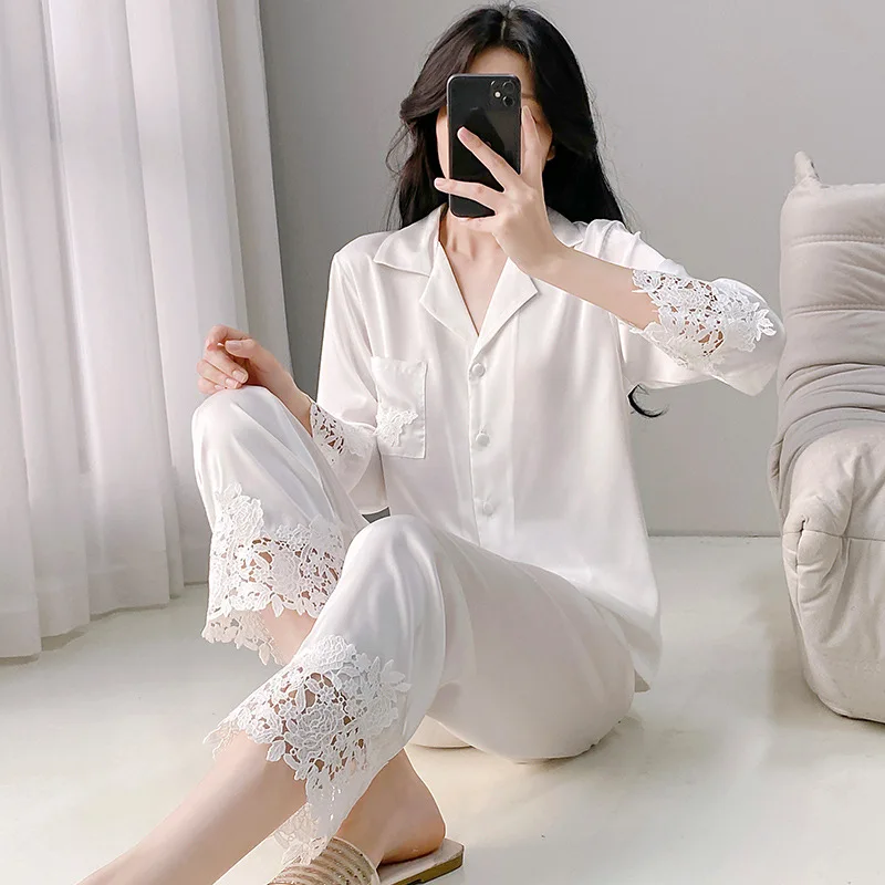 

Комплект пижамы Twinset с лацканами, весенний атласный комплект для сна и дома, женский пижамный костюм с длинными рукавами (рубашка и брюки), ночная одежда для женщин