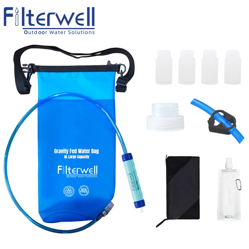 Filterwell kantong air gravitasi tetes air 6L, tas air dengan penyaring air untuk berkemah, perjalanan, Backpacking, mendaki dan darurat