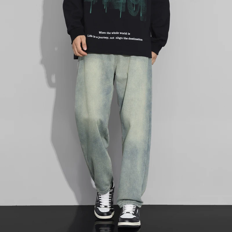 개인화 된 포켓 빈티지 청바지 남성 패션 성격 느슨한 바지 한국 캐주얼 스트레이트 데님 바지 남성 가을 의류