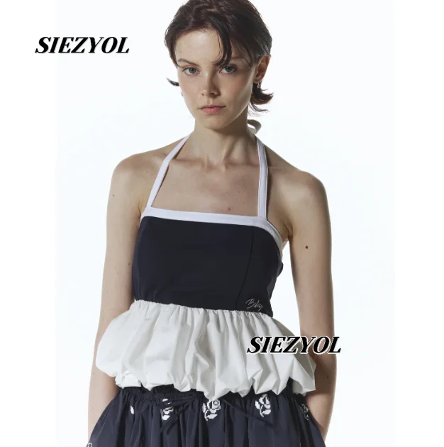 Japanese Style Sweet Cute Color Matching Neck Strap Short Tube Top Fashion Versatile Hot Girl Outer Wear Vest with Chest Pad