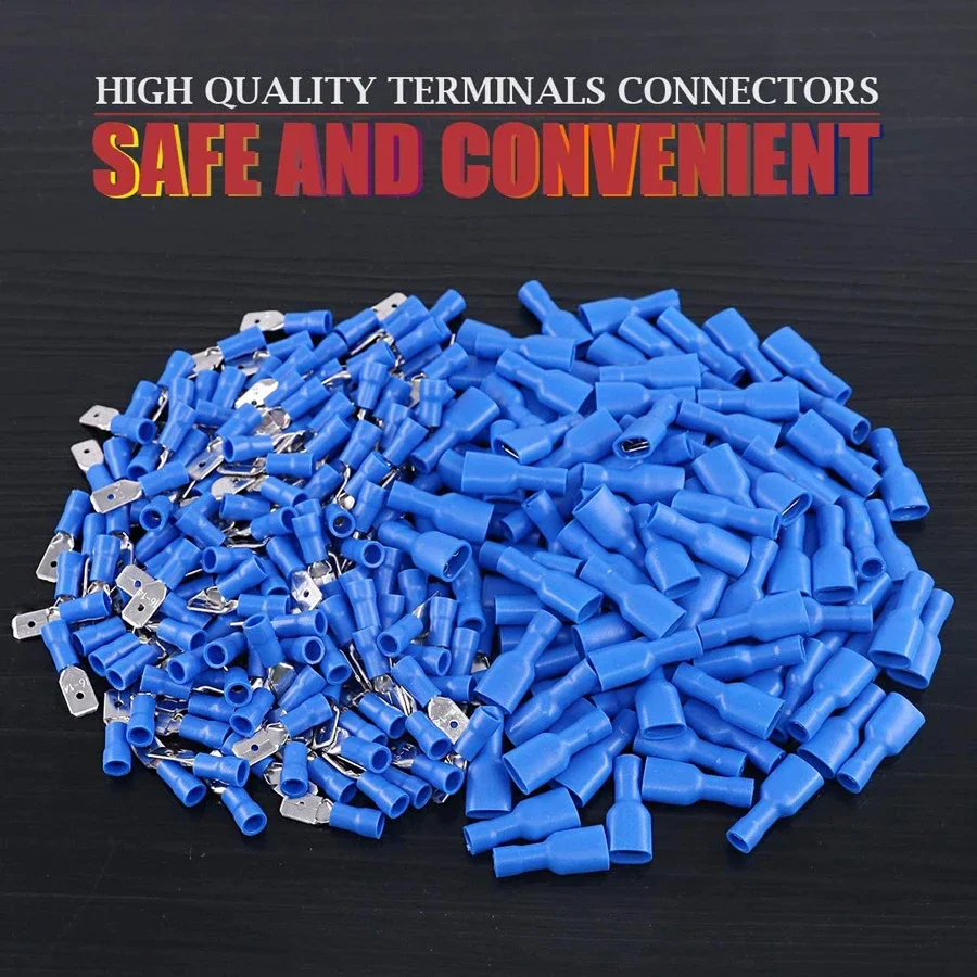 100pcs 50pairs 6.3mm 16 14AWG Female Male Electrical Wiring Connector Insulated Crimp Terminal Spade Blue
