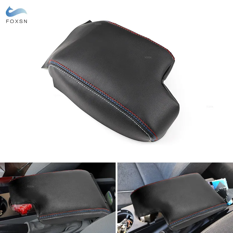 LHD/RHD For BMW 3 Series E46 1998- 2005 Car Interior Center Control Console Armrest Box Pad Black-red&blue line Leather Cover