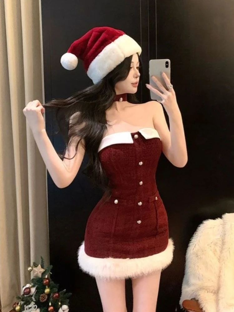 Chiristmas vermelho sexy sem alças vestido de festa feminino inverno doce camada bodycon mini vestidos gola de pele moda fora do ombro outfits