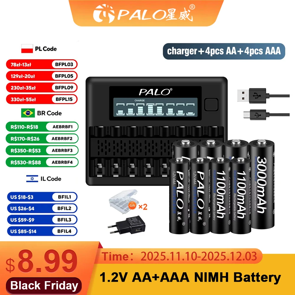 PALO 1.2 V AA + AAA batteria ricaricabile 3000mAh AA LR6 batterie 1100mAh LR3 AAA batteria + 8 slot 1.2 V AA AAA caricabatteria