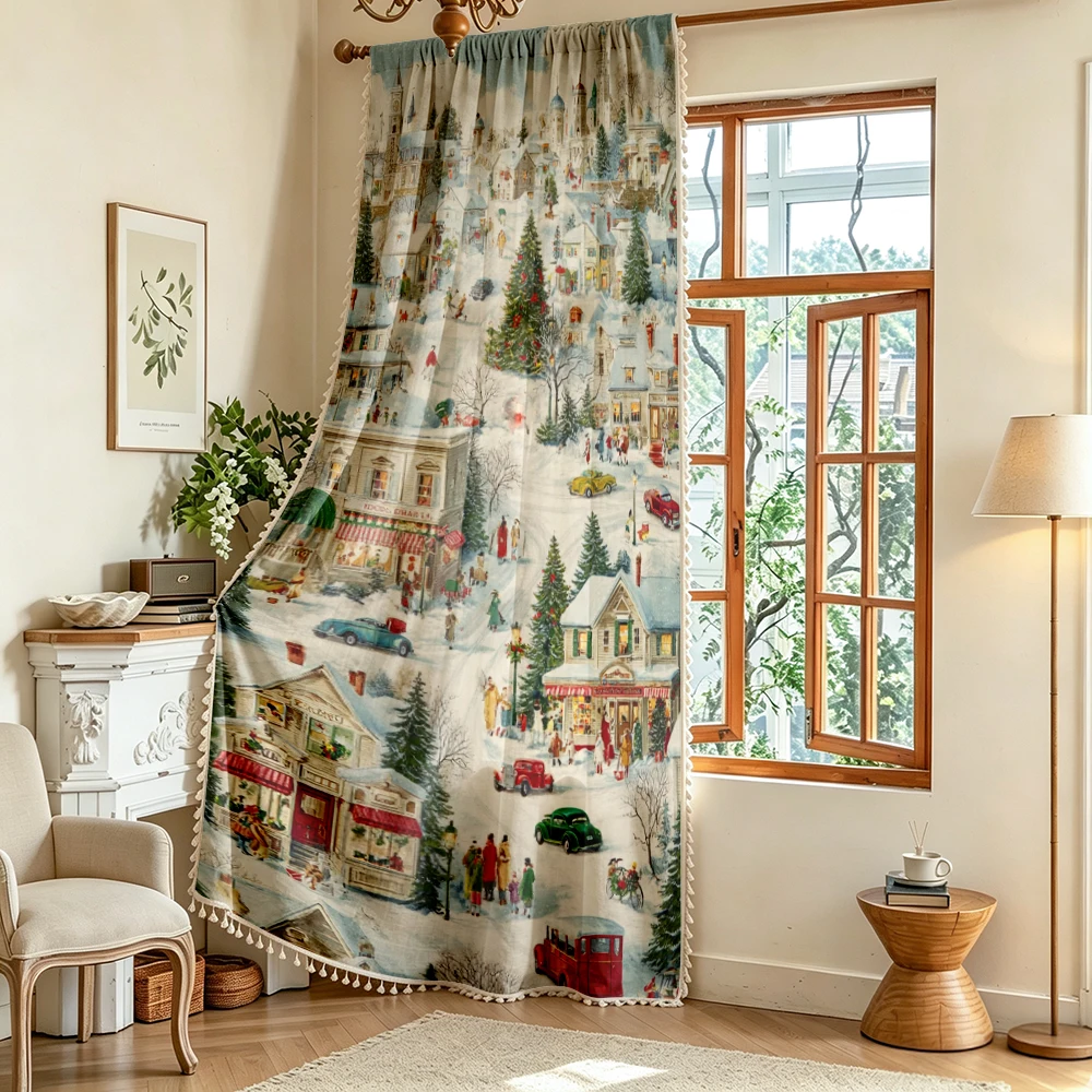 1PC Christmas Tassel Sheer Curtains, Vintage Town Snowy Street Car, Digital Print, Polyester, Bedroom Living Room Home Decor